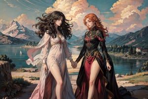 (2_girls, looking_at_viewer, holding_another's_hand, outdoors, lake in the background, mountains, beaufiul sky, clouds, trees), (girl1, black_skin, afro, curly_hair, black-hair, one black eye one red eye, curvy_figure, wearing short dress), ( girl2, white_skin, orange_hair, green-eyes, pink_lips, long_hair, fluffy_hair, beautiful face, wearing dress,), full_body, masterpiece, ,art3,renaissance,day ,red_jewelry, jewelery