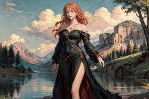 (2_girls, looking_at_viewer, holding_another's_hand, outdoors, lake in the background, mountains, beaufiul sky, clouds, trees), (girl1, black_skin, afro, curly_hair, black-hair, one black eye one red eye, curvy_figure, wearing short dress), ( girl2, white_skin, orange_hair, green-eyes, pink_lips, long_hair, fluffy_hair, beautiful face, wearing dress,), full_body, masterpiece, ,art3,renaissance,day ,red_necklace, necklace, sfw,