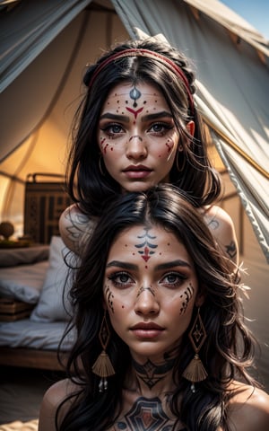 beautiful face Arabian tribal woman, long black hair, black eyes healer, shaman, natural mystical, face tattoo, tent in desert