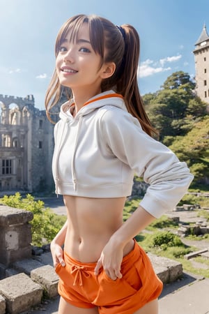  (happy), Kyoto animation style, (high quality, super detailed, perfect anatomy, masterpiece), in a standing yoga position, doing sun salutation, one cute girl, petite, brunette hair, muscled body , white hoodie with orange pattern, crop top, belly button, denim shorts, discarded Castle ruins, morning, blue sky, akemi