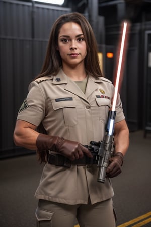 1girl, star wars, long hair, looking at viewer, brown hair, gloves, brown eyes, weapon, solo focus, belt, uniform, lips, gun, military, rifle, science fiction, pouch, realistic, holster, animification