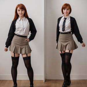 character sheet, orange haired girl, student clothes, light blue background, beautiful, good hands, full body,looking to the camera, good body, 18 year old girl body,school shoes, school skirt, school shirt, black shoes, muscled body, full_body, with small earrings, character_sheet, fashionable hairstyle, school_uniform, shoes_black,school_shoes_black,arcane style,
, clothes with accessories, denier tights in beige, stockings_colorbeige, Reclaimed Vintage side cut out tights in black, clothes sexy, Bluebella garter suspender in black