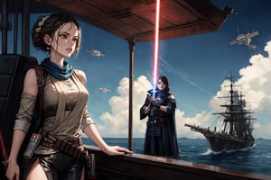 Female Jedi, on an imperial ship, facing imperial troops, athletic body, Rey character, lightsaber, Daisy Ridley