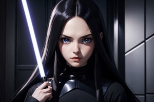 Wednesday Addams and Anakin Skywalker, beautiful woman and man , young 21 years old, athletic body, sith lord clothes, in a battle with Dark Vader