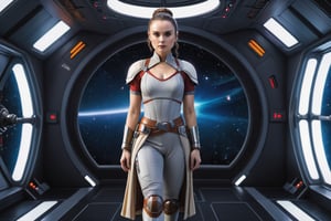 Padmé Amidala, Jedi Woman, full body, on an imperial spaceship, athletic body, training in space gym, using weight equipment, Padmé Amidala character, Daisy Ridley