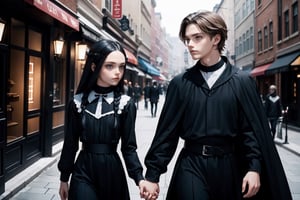 Wednesday Addams and Anakin Skywalker, beautiful woman and man, young 21 years old, athletic body, Sith Lord clothing, woman and man holding hands