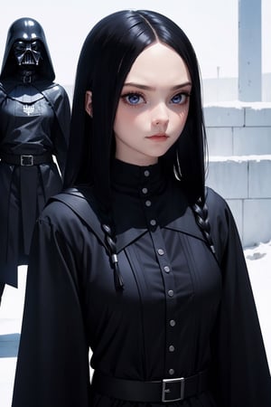 Wednesday Addams, beautiful woman, 21 years old, athletic body, Sith Lord clothing, in a battle