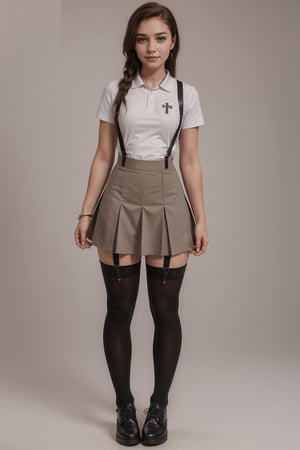 character sheet, brown haired girl, student clothes, light blue background, beautiful, good hands, full body,looking to the camera, good body, 18 year old girl body,school shoes, school skirt, school shirt, black shoes, (((muscled body))), jewelry inverted cross and an Egyptian cross,full_body, with small earrings, character_sheet, fashionable hairstyle, school_uniform, shoes_black,school_shoes_black,arcane style,
, clothes with accessories, denier tights in beige, stockings_colorbeige, Reclaimed Vintage side cut out tights in black, clothes sexy, Bluebella garter suspender in black,DonM4lbum1n,kathrynnewton