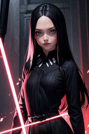 Wednesday Addams, beautiful woman, athletic body, sith lord clothes, in a battle
