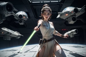 Female Jedi, on an Imperial spaceship, faces Imperial First Order troops, athletic body, Rey character, lightsaber, Daisy Ridley