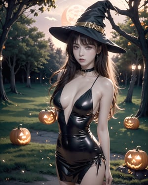 (Halloween theme:1.5), (night situation), (night time:1.5), 
BREAK, 
A beautiful and powerful witch stands in the middle of a mysterious forest filled with sparkling lights of magic circles in the air and mythical tree stumps, 
BREAK, 
1girl, magic, magic circle, tree, sky, star (sky), scenery, solo, outdoors, starry sky, night, red witch dress with small gold detailed, grass, moon, (red full moon:1.5), black cat, ghost, jack o'lantern, ,arms behind back:1.3,realistic