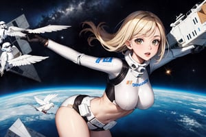Stormtrooper, female, supervising a ship in space, athletic body, face visible, Dove Cameron