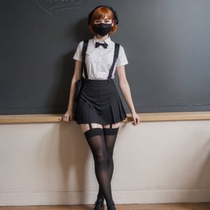 character sheet, orange haired girl, student clothes, light blue background, beautiful, good hands, full body,looking to the camera, good body, 18 year old girl body,school shoes, school skirt, school shirt, black shoes, sexy pose, full_body, with small earrings, character_sheet, fashionable hairstyle, school_uniform, shoes_black, with black mask, face_clothmask_black ,school_shoes_black,arcane style,
, clothes with accessories, denier tights in beige, stockings_colorbeige, Reclaimed Vintage side cut out tights in black, clothes sexy, Bluebella garter suspender in black