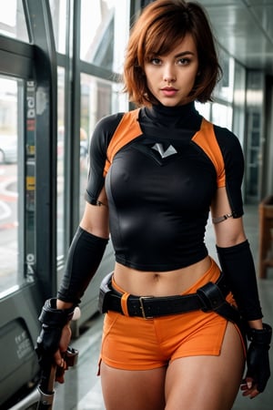 1girl, solo, muscular woman, breasts, looking at viewer, short hair, bangs, gloves, navel, holding, bare shoulders, small breasts, standing, weapon, brown hair, cowboy shot, black gloves, elbow gloves, midriff, belt, pants, indoors, fingerless gloves, holding weapon, orange hair, armor, lips, gun, swept bangs, thigh gap, shield