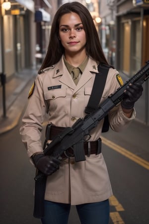 1girl, long hair, looking at viewer, brown hair, gloves, 1boy, brown eyes, weapon, solo focus, belt, uniform, lips, gun, military, rifle, science fiction, pouch, realistic, holster, animification