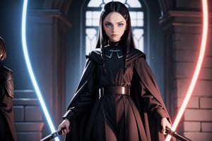 Wednesday Addams and Anakin Skywalker, beautiful woman and man , young 21 years old, athletic body, sith lord clothes, in a battle 