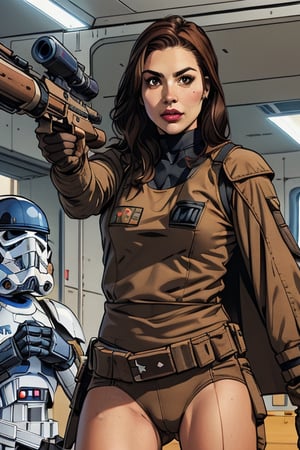 Victoria Justice, 1girl, star wars, trooper, long hair, looking at viewer, brown hair, gloves, brown eyes, weapon, solo focus, belt, uniform, lips, gun, military, rifle, science fiction, pouch, realistic, holster, animification