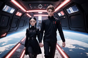 Wednesday Addams and Anakin Skywalker, beautiful woman and man, young 21 years old, athletic body, Sith Lord clothing, woman and man holding hands, on a space station