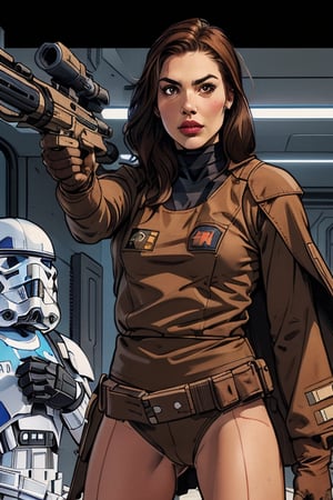 Victoria Justice, 1girl, star wars, trooper, long hair, looking at viewer, brown hair, gloves, brown eyes, weapon, solo focus, belt, uniform, lips, gun, military, rifle, science fiction, pouch, realistic, holster, animification