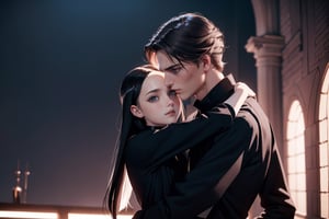 Wednesday Addams and Anakin Skywalker, beautiful woman and man, young 21 years old, athletic body, Sith Lord clothing, Woman and man hugging