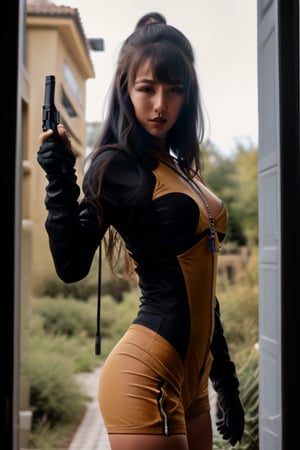 1girl, solo, long hair, small breasts, looking at viewer, bangs, black hair, gloves, long sleeves, holding, small breasts, standing, ponytail, weapon, cowboy shot, outdoors, parted lips, day, black gloves, holding weapon, blurry, black eyes, lips, gun, bodysuit, depth of field, blurry background, high ponytail, outstretched arm, building, holding gun, handgun, zipper, zipper pull tab, pointing at viewer, aiming at viewer