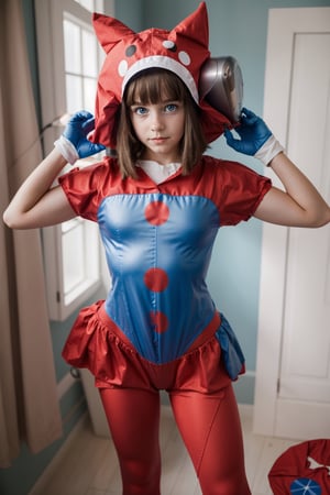 a young girl in clown costume posing with an iron on clothes iron, 1girl, solo, muscular woman,  blue eyes, gloves