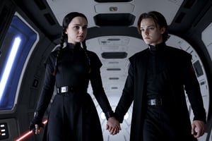 Wednesday Addams and Anakin Skywalker, beautiful woman and man, young 21 years old, athletic body, Sith Lord clothing, woman and man holding hands, on a space station