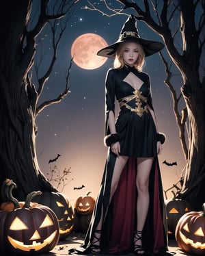 (Halloween theme:1.5), (night situation), (night time:1.5), 
BREAK, 
A beautiful and powerful witch stands in the middle of a mysterious forest filled with sparkling lights of magic circles in the air and mythical tree stumps, 
BREAK, 
1girl, magic, magic circle, tree, sky, star (sky), scenery, solo, outdoors, starry sky, night, red witch dress with small gold detailed, grass, moon, (red full moon:1.5), black cat, ghost, jack o'lantern, ,arms behind back:1.3,realistic,comic_book_cover