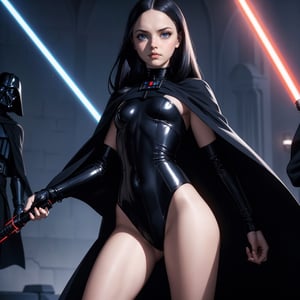 Wednesday Addams and Anakin Skywalker, beautiful woman, young 21 years old, athletic body, sith lord clothes, in a battle with Dark Vader