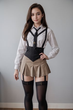 1 girl, character sheet, brown haired girl, student clothes, light blue background, beautiful, good hands, full body,looking to the camera, good body, 18 year old girl body,school shoes, school skirt, school shirt, black shoes, (((muscled body))), jewelry inverted cross and an Egyptian cross,full_body, with small earrings, character_sheet, fashionable hairstyle, school_uniform, shoes_black,school_shoes_black,arcane style,
, clothes with accessories, denier tights in beige, stockings_colorbeige, Reclaimed Vintage side cut out tights in black, clothes sexy, Bluebella garter suspender in black,DonM4lbum1n,kathrynnewton
