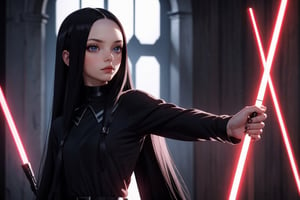 Wednesday Addams, beautiful woman, young 21 years old, athletic body, sith lord clothes, in a battle with Dark Vader