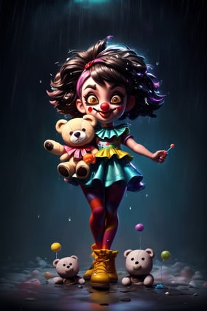 (One Creepy clown wearing afro rainbow wig holding a teddy bear, raining lollipops, full length portrait, full body portrait, Nightmarish lighting, Clowncore, Insomniac Games, Prismwave, overwatch, Comedy:1.2), glitter