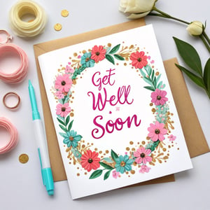 Glitter decorated get well soon card, 