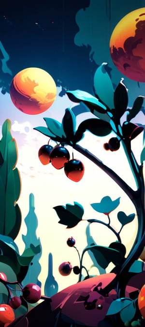 Amazing another planet plants and berries wallpaper, vibrant colors, simple, 3d soft gum shapes, harmony, sunny mood, ((minimalistic)), abstract, high quality, vector, clarity, subsurface scattering, volete sky, detail XL, cyberspace, DonMCyb3rSp4c3XL, gloomy, 