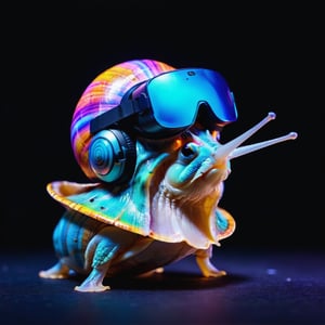 Close up minimalist photo of animal snail ((wearing VR headset)), snail shell painted with fluorescent colors, cartoon, manga style, dark background, blacklight lighting,