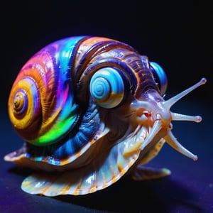 Close up minimalist photo of animal snail wearing VR headset, snail shell painted with fluorescent colors, cartoon, manga style, dark background, blacklight lighting,