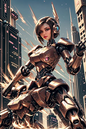 (style of Mark Ryden), 1girl, solo, female mech Kawaii, wearing kawaiitech mech suit, (dynamic fighting pose:1.25), tantalizing, style of The Matrix, style of Zdzislaw Beksinski, magical armor, FireAI, (complex City background)