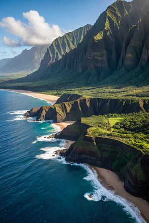 subsurface scattering, Photorealistic, Hyperrealistic, analog style, realistic, film photography, dynamic lighting, HDR, 8k, 
BREAK
Nā Pali Coast, located on the northern shore of the island of Kauai in the Hawaiian Islands, is one of the most jaw-dropping photography places on the world. The jagged ridges and valleys of this stunning coastline make up the second tallest sea cliffs in the world, towering over 4,000 feet tall.