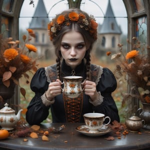 dark gothic, closeup of A whimsical girl humonoid in flower chain sits at the table in abandoned autumn garden, having tea from ornated teacup, dry flowers and herbs around, Brown, beige and orange, a stained glass on the background, ultra detailed, intricate, gloomy, moody, cinematic, subdued colors, low contrast, contour light, soft light, high field depth, Canon eos 5d mark,  f1.2, 85mm, 1/200s, iso100, high octane, unreal engine 5