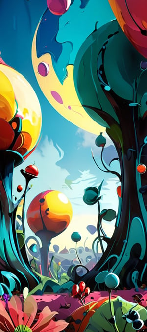 (style of dr seuss:1.3), Amazing another planet plants and berries wallpaper, vibrant colors, simple, 3d soft gum shapes, harmony, sunny mood, ((minimalistic)), abstract, high quality, vector, clarity, subsurface scattering, volete sky, detail XL, cyberspace, DonMCyb3rSp4c3XL, gloomy, 