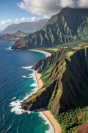 subsurface scattering, Photorealistic, Hyperrealistic, analog style, realistic, film photography, dynamic lighting, HDR, 8k, 
BREAK
Nā Pali Coast, located on the northern shore of the island of Kauai in the Hawaiian Islands, is one of the most jaw-dropping photography places on the world. The jagged ridges and valleys of this stunning coastline make up the second tallest sea cliffs in the world, towering over 4,000 feet tall.