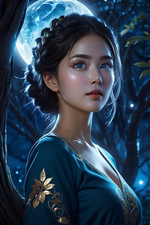 1girl, OHWX WOMAN, The moonlight shines down upon it, bringing with it swirling magical lights, the forbidden tree, Cinematic, dynamic lighting, fantasy concept, (detailed face:1.2), (detailed eyes:1.2), (detailed background)