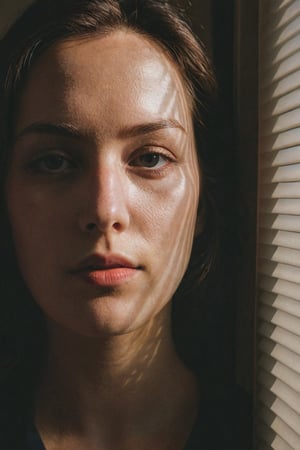 [redacted], window-blind portrait, subsurface scattering, Photorealistic, Hyperrealistic, analog style, realistic, film photography, soft lighting, window-blind contoured shadow and light, 