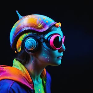 Close up minimalist photo of snail wearing VR headset, snail shell paint with fluorescent colors, cartoon, manga style, dark background, blacklight lighting,bl4ckl1ghtxl