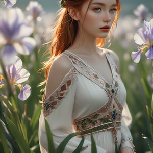 Photographic ((full_body_shot)), Beautiful and stunning image of an ancient Greek goddess OHWX, redhead, green eyed, (authentic iris detail:1.46) (Iris pattern:1.33), barefoot, hyper detailed eyes, hyper detailed skin, walking through a vibrant lush flower field, tress, grass, flowers, marble pillars, marble busts, (wearing a royal victorian dress, embroidery, filigree:1.25), (conservatively  dressed), The style should be a fusion of Peter Lippmann's still life compositions, Barry Windsor Smith's intricate linework, Sandro Botticelli's ethereal beauty, and Burne-Jones' romanticism. The redhead's captivating gaze draws the viewer in, her beauty so striking that it's almost unbelievable. The medium should be digital photography, capturing the photorealistic detail and texture. The composition should be a full_body_shot, taken with a high-resolution 16k camera, using a 50mm lens for a sharp focus on the redhead, Miki Asai Macro photography, close-up, hyper detailed, trending on artstation, sharp focus, studio photo, intricate details, highly detailed, cinematic, (full shot)