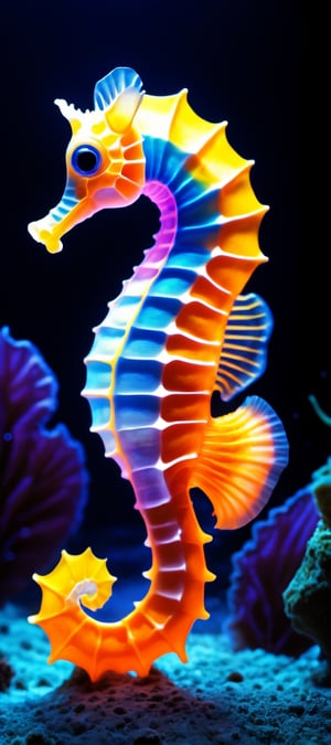 best quality, masterpiece, 8k, ultra detailed, ultra realistic, seahorse glowing in blacklight, cinematic, Movie Still, high resolution, hyperrealistic photography, photorealistic, professional photography, underwater landscape