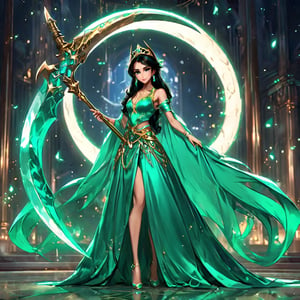 Ultra Realistic, cinematic lights, glam pose, chill,princess gown, Ultra Realistic princess , Jasmine, , Wielding a emerald crescent scythe ,manga disney pixar style