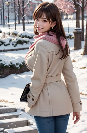 Mr_MC_R-WM_V1, ,1girl, brown hair, looking at viewer, long hair, solo, outdoors, blurry, scarf, lips, upper body, day, sweater, blurry background, bangs, earrings, closed mouth, winter clothes, jewelry, pink scarf, green eyes, building, long sleeves, depth of field, realistic, winter, coat, full body shot, high heels, (((smiling, open mouth))), juicy lips, Long Eyelashes, (boobs, narrow waist, butt), 
