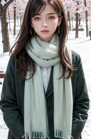 Mr_MC_R-WM_V1, ,1girl, brown hair, looking at viewer, long hair, solo, outdoors, blurry, scarf, lips, upper body, day, sweater, blurry background, bangs, earrings, closed mouth, winter clothes, jewelry, pink scarf, green eyes, building, long sleeves, depth of field, realistic, winter, coat,,
