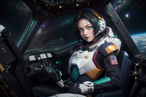 ((masterpiece)), ((best quality)), (ultra-detailed), ((extremely detailed CG 8k wallpaper)), HDR, absurdres, intricate details, high resolution, 8k, full body, Starry sky, a pretty woman, solo, beautiful black hair, beautiful green eyes, ((beautiful eyes)), cool, ((spacesuit, Space, cockpit)), gundam robot, girl looking at space